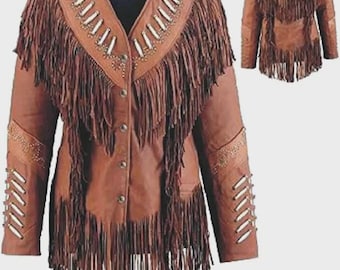 Women Real Leather Native Western Style V Shape Jacket With Fringe & Beaded Work