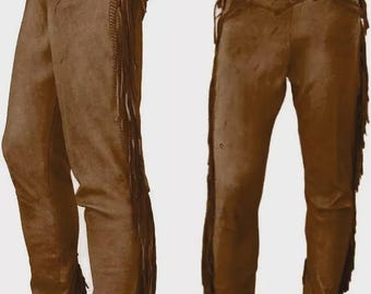 Men Brown Western American Cowboy Suede Leather Pant With Leg Side Buttons & Fringes
