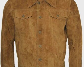 Man Denim Jean Style American Western Suede Leather Jacket - Tan Brown Color