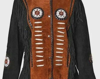 Chaqueta de cuero de ante estilo americano para mujer con flecos y cuentas