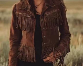 Chaqueta de ante estilo western con flecos para mujer, estilo casual y moderno.