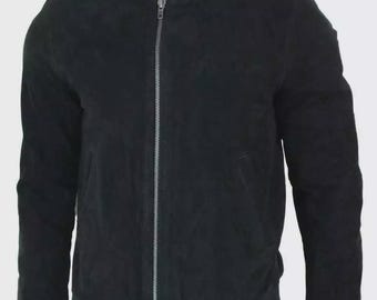 Man Bomber Native American Western Style Suede Leather Bomber Jacket - Black