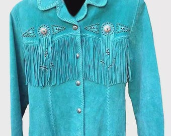 Women Unique Western Style Blue Suede Leather Jacket With Fringe & Eye Beaded Work