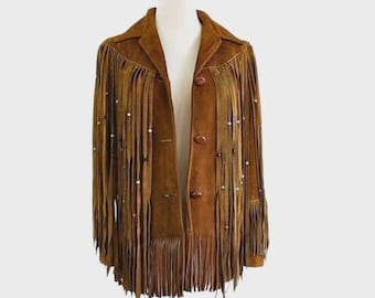 Chaqueta de ante para mujer estilo americano - Estilo western con flecos y detalles de abalorios.