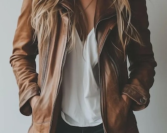 Abrigo informal de piel auténtica para mujer - Gabardina larga y ajustada
