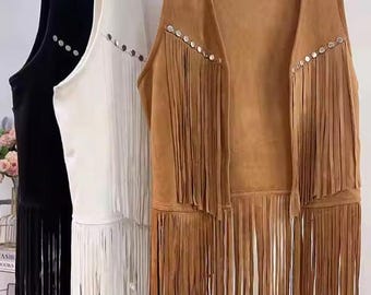 Chaleco informal de ante estilo western para mujer - Chaleco con flecos de estilo retro