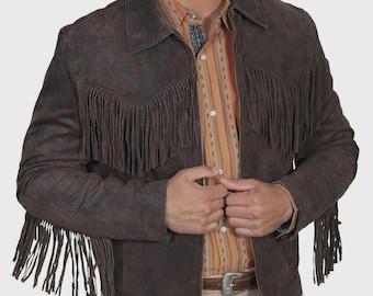 Men New Western Style Suede Leather Jacket With Fringes Work - Dark Brown Color