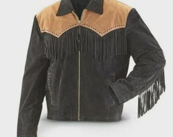 Herr Handgjord Mocka Läderjacka med Fransar - Western Style Casual Jacka