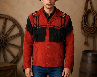 Men Red Jacket Black Fringes & Beaded American Western Style Suede Leather Jacket
