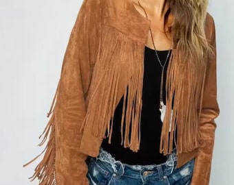 Chaqueta de ante estilo casual con cuello redondo y flecos para mujer - Varios colores