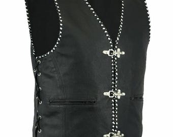 Chaleco de motociclista de cuero auténtico para hombre: hebilla de anzuelo con cordón lateral