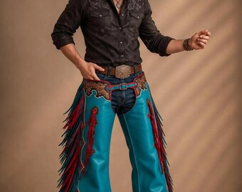Klassischer Western-Lederchaps für Herren mit handgeschnitzter Rodeo-Lederausrüstung zum Bullenreiten