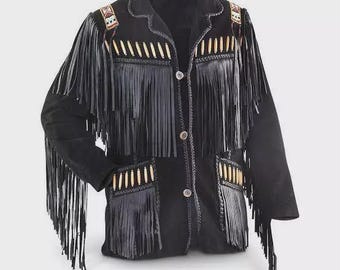 Men Western Style Suede Leather Jacket With Fringes & Beaded Work - Black Color