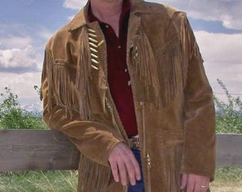 Men's American Traditional Suede Leather Western Jacket - Fringed & Beaded