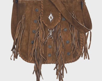 Women Handbag Western Style Crossbody Suede Leather Purse Fringes & Beaded