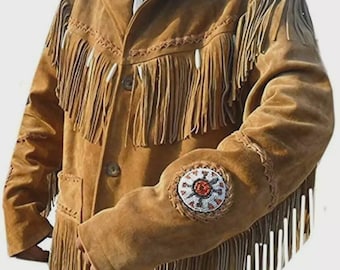 Men American Native Western Style Suede Leather Jacket With Fringes & Beaded Work - Brown Color