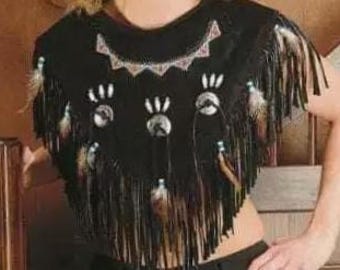 Poncho de gamuza con flecos de estilo occidental para mujer, disfraz de nativo americano