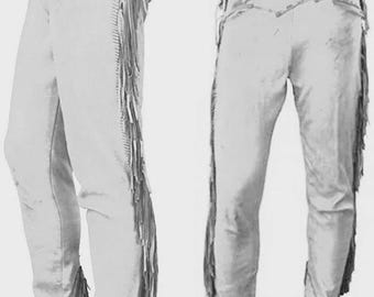 Men Horse Riding Western Style Cowboy Suede Leather Pant With Leg Side Buttons & Fringes