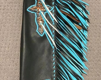 Herr Western Cowboy Äkta Läder Rodeo Style Häst & Tjurridning Svart Blå Chap