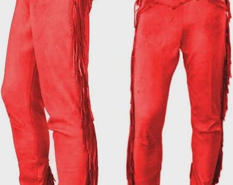 Men's Red Suede Western Pants - Cowboy Riding Leather Chaps With Fringes