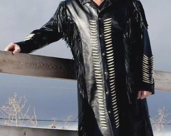 Man Native American western Style Real Leather Black Long Coat Fringe & Beaded Work