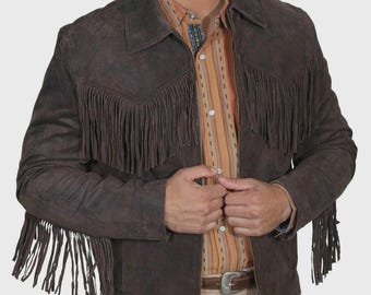 Chaqueta de ante marrón oscuro estilo western con flecos para hombre