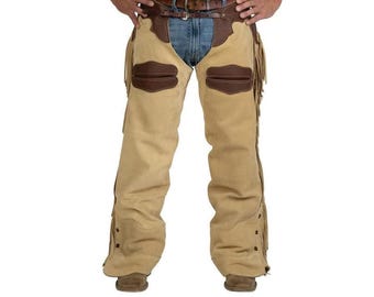 Men Western Cowboy Suede Leather Rodeo Style Horse Riding Beige Chap