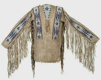 Chaqueta de cuero de gamuza estilo western para hombre, de estilo tradicional, con flecos y bordados.