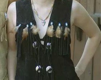 Women Native American Western Style Vest Suede Leather Fringe Waistcoat - Black Color