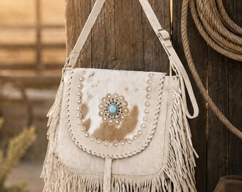 Women Western Style Crossbody Suede Leather Fringes & Beaded Purse - Multi Colors