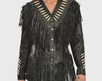 Chaqueta de cuero auténtico estilo nativo americano para mujer con flecos y cuentas