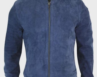 Man Bomber Style American Western Suede Leather Jacket - Navi Blue Color