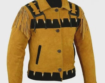 Chaqueta vaquera de hombre estilo western de ante con flecos y abalorios - Color marrón dorado