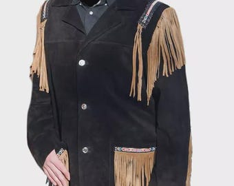 Men's Suede Leather Western Jacket - Native American Style Beaded & Fringes Work