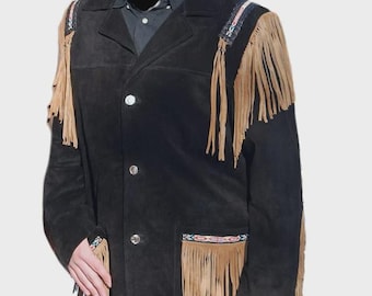 Chaqueta de cuero de gamuza estilo western nativo para hombre con flecos y detalles de cuentas.