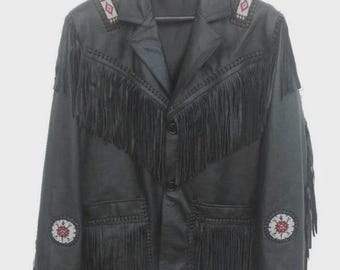 Chaqueta de cuero auténtico estilo western para hombre con flecos y cuentas - Color negro