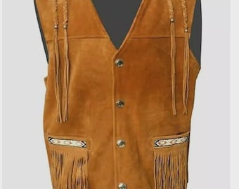 Chaleco de cuero de gamuza estilo western para hombre - Chaleco marrón dorado con flecos y cuentas
