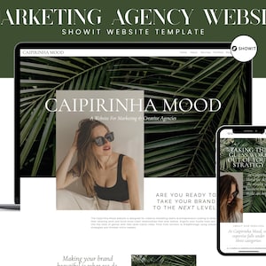 May include: A website template for a marketing agency, displayed on a laptop and smartphone. The laptop screen shows a website design with the text "CAIPIRINHA MOOD" and a photo of a woman. The smartphone displays a similar design with the text "TAKING THE GUESS WORK OUT OF YOUR STRATEGY."