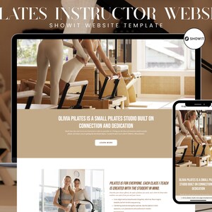 Op de afbeelding: Een website sjabloon voor Pilates instructeurs, weergegeven op een laptop en een smartphone. De website heeft een beige en wit kleurenschema met afbeeldingen van Pilates oefeningen. Tekst bevat "Olivia Pilates" en "Showit Website Template."