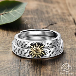 Sun and Moon Couple Rings – Matching His and Hers Promise Rings in 925 Sterling Silver, Adjustable Celestial Jewelry Gift for Lovers