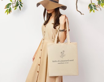 Bolsa tote Faith of a Mustard Seed, Bolsa tote de lona de algodão inspirada na fé, Bolsa tote cristã minimalista, Presente para mulher cristã, Bolsa tote com versículos bíblicos