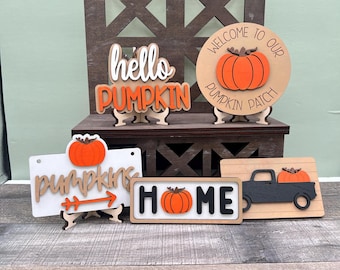 Hello Pumpkin Coffee Wood Tiered Tray Decor, Small Fall Signs for Home, Autumn Decorations