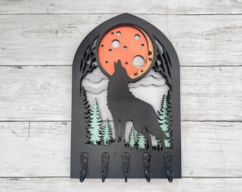 Wolf Keyholder for Wall, Rustic Cabin Decor, Woodland Theme, Lodge Wall Decor, Handmade Wolf Wall Art, Cabin Key Organizer, Gift for Cabin