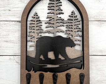 Bear Keyholder for Wall, Rustic Cabin Decor, Woodland Theme, Lodge Wall Decor, Handmade Bear Wall Art, Cabin Key Organizer, Gift for Cabin