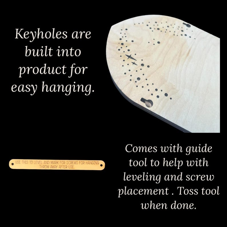 May include: A wooden decorative piece with a light wood grain finish, featuring keyholes for easy hanging. The design includes black star and dot patterns. Includes a guide tool for leveling and screw placement.
