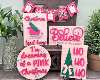 Pink Christmas Tiered Tray Decor, Small Winter Signs for Home, Cute Pink Decor, Coffee Bar Decorations