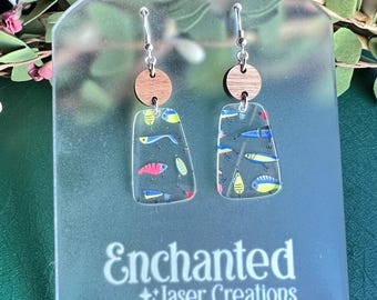 Dangle Fish Earrings • Fisherman Daughter Gift - Fishing / Sea Life Summer Beach Side Jewelry • Angler Earrings Sterling Silver 3D Hoops - Canada