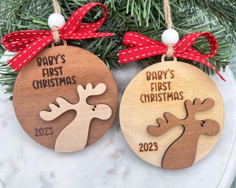 Personalized Baby's First Christmas Moose Ornament, 1st Christmas Gift Custom, Handmade Wood 2025 Ornament, Gift for New Baby 2025