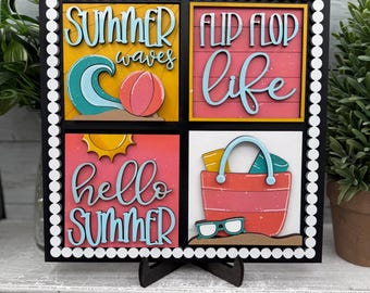 Summer Beach Wood Tile Sign, Interchangeable Square Summer Decor