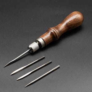 Leather Awl Tool with 4 Interchangeable Steel Tips – Wood Handle – Leathercraft Stitching Punch Tool for DIY Projects